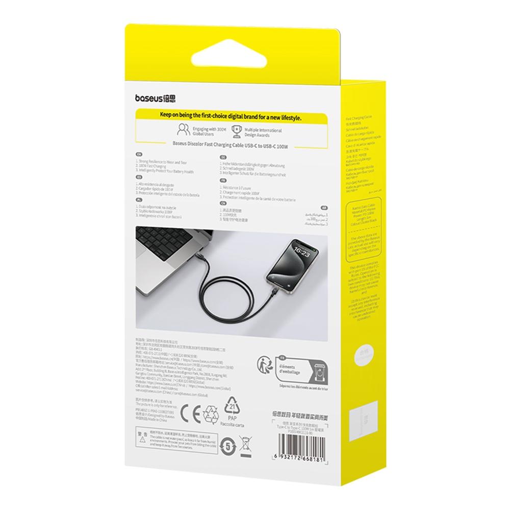 BASEUS Discolor Series 1m Fast Charging Cable USB-C to USB-C 100W Nylon Braided Data Cord