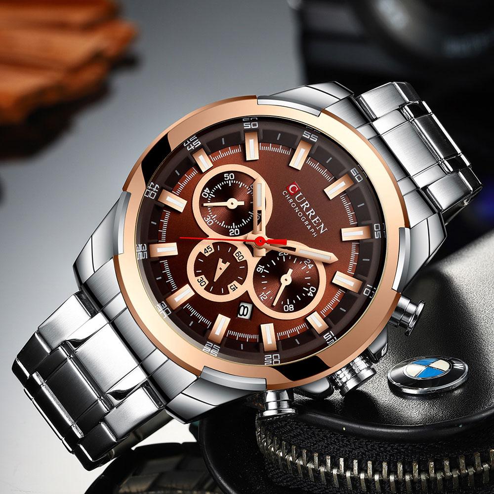 CURREN Sports Chronograph Watch for Man Quartz Movement Large Dial with Auto Date Casual Stainless Steel Band Wristwatch 8361