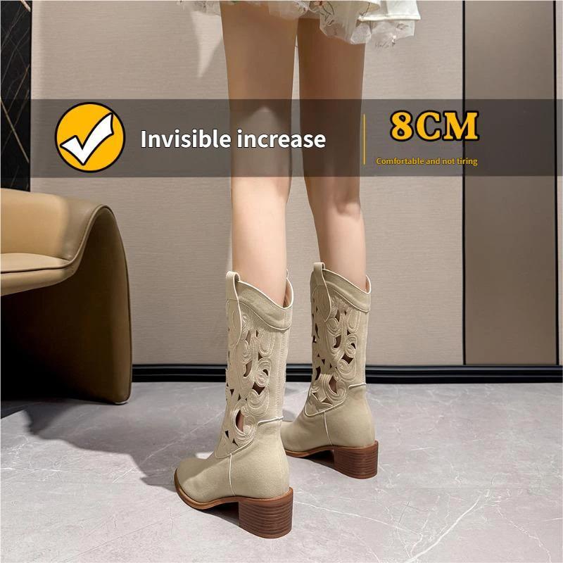 Women's Summer Brown Martin Boots Soft Leather Hollow Embroidered Pointed Knight Boots