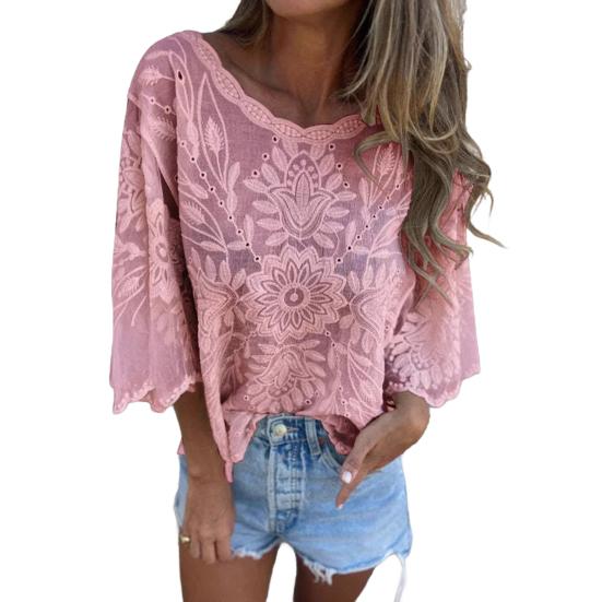 

Женские топы с круглым вырезом 45720 рукава кружевная отделка свободный крой повседневная рубашка однотонная XL