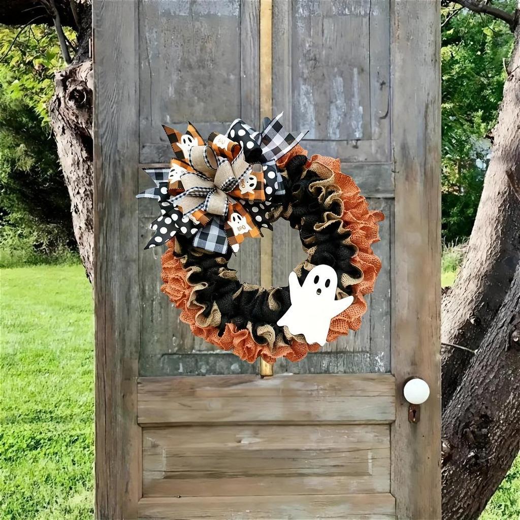 Haobei Halloween Burlap Bow Ghost Wreath for Front Door - New Christmas Decoration