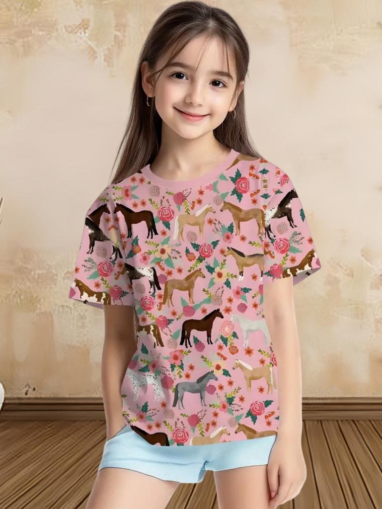Children's Clothing Girl Clothes Short Sleeve Boys T-Shirt Casual Vintage Horse Print Kids Summer Clothes Girl Tops O-Neck Tee