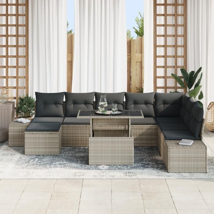VidaXL Ensemble de salon de jardin 9 pièces avec coussins gris clair en poly rotin 3349238