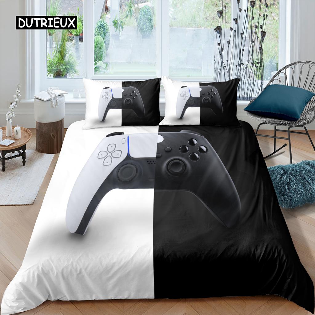 Set de lenjerie de pat cu gamepad, mărime queen, husă de plapumă neagră creativă, set husă de plapumă din poliester, lenjerie de pat 2/3 piese