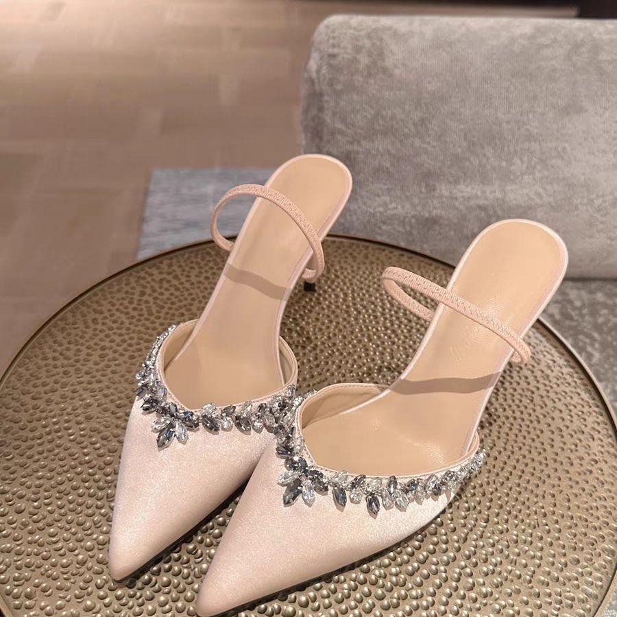 Pointed rhinestone one-word sandals 25 years old summer new two wear V thin heel bag head drag sexy shallow mouth sandals