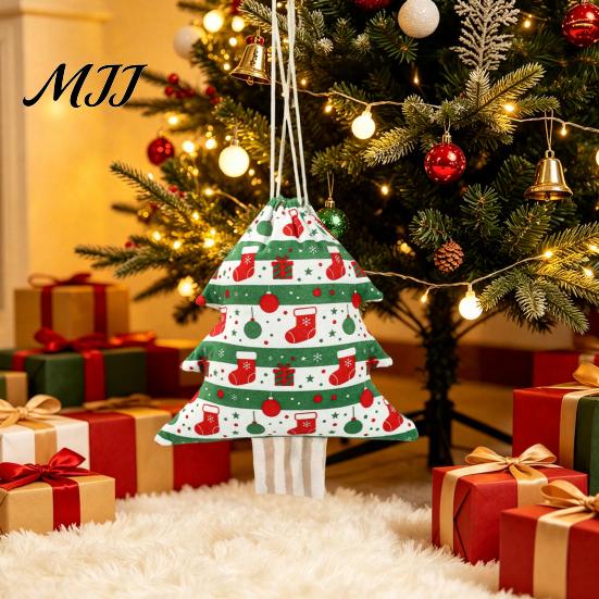 Seasonal Home Decor Christmas Tree Shaped Drawstring Gift Bags, Xmas Hanging Treat Sacks, Holiday Candy Bags Small Storage Pouches for Decorations