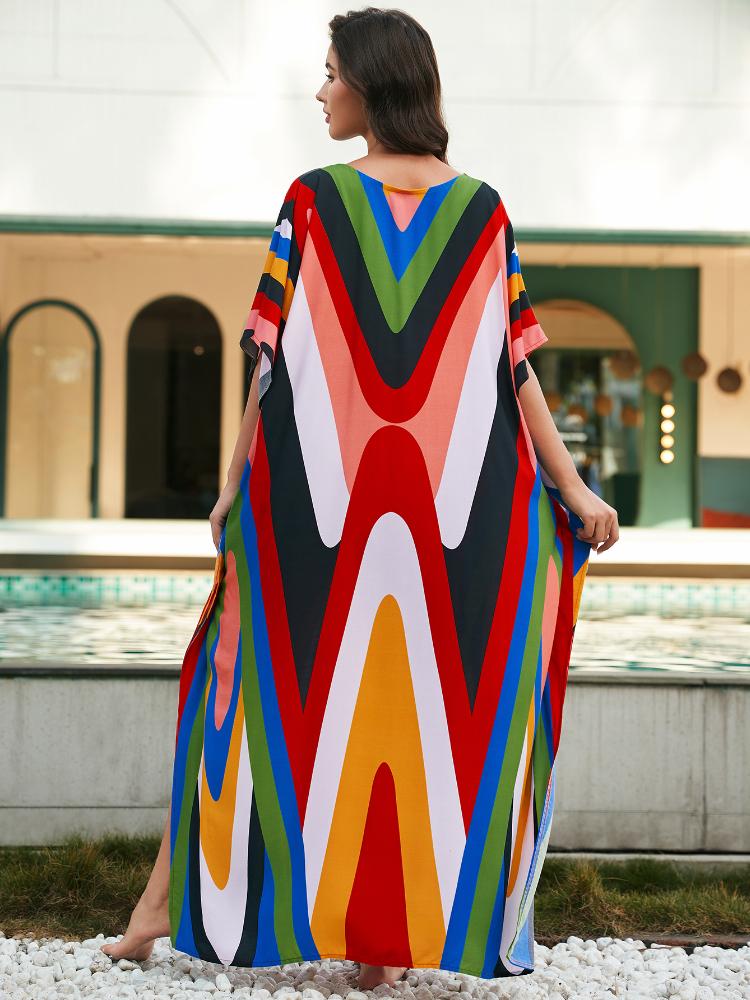 EDOLYNSA Plus Size Kaftan Orange Black Red Striped Summer Long Beach Shirt Dress Women Homewear Outfit Swim Suit Cover Up Loose Caftan