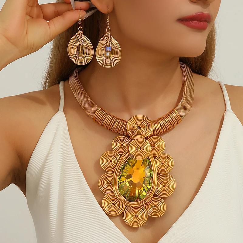 Women Water Drop Crystal Necklace Earrings Handmade Aluminum Wire Woven Jewelry Party Wedding Bridal Gift