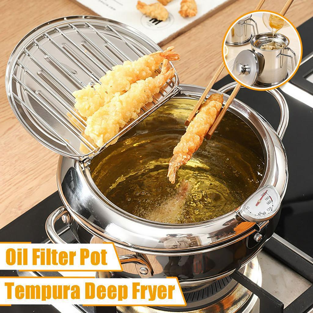 2L Silver Japanese Style Deep Frying Pot Thermometer Tempura Fryer Pan Temperature Control Fried Chicken Pot Cooking Tools Kitchen Utensil