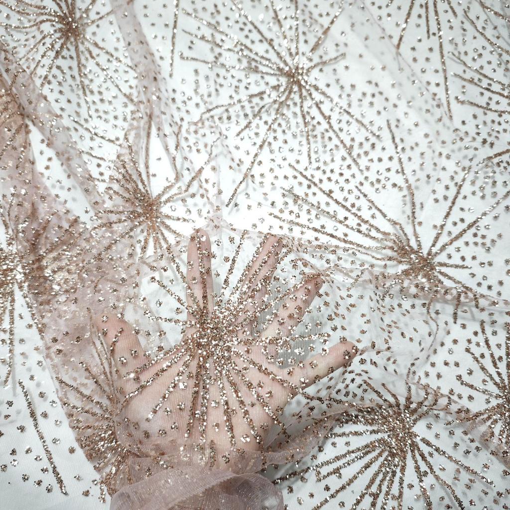 Firework Patterned Glitter Sequined Gold-embossed Fabric Suitable for Wedding Dresses Evening Gowns and Designer Clothing Fabric