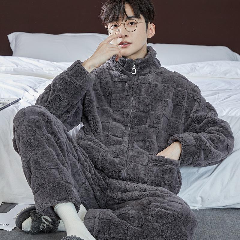 Men's Autumn Winter Flannel Pajamas, Stand Collar, Zipper, Outdoor-Ready Coral Fleece Homewear
