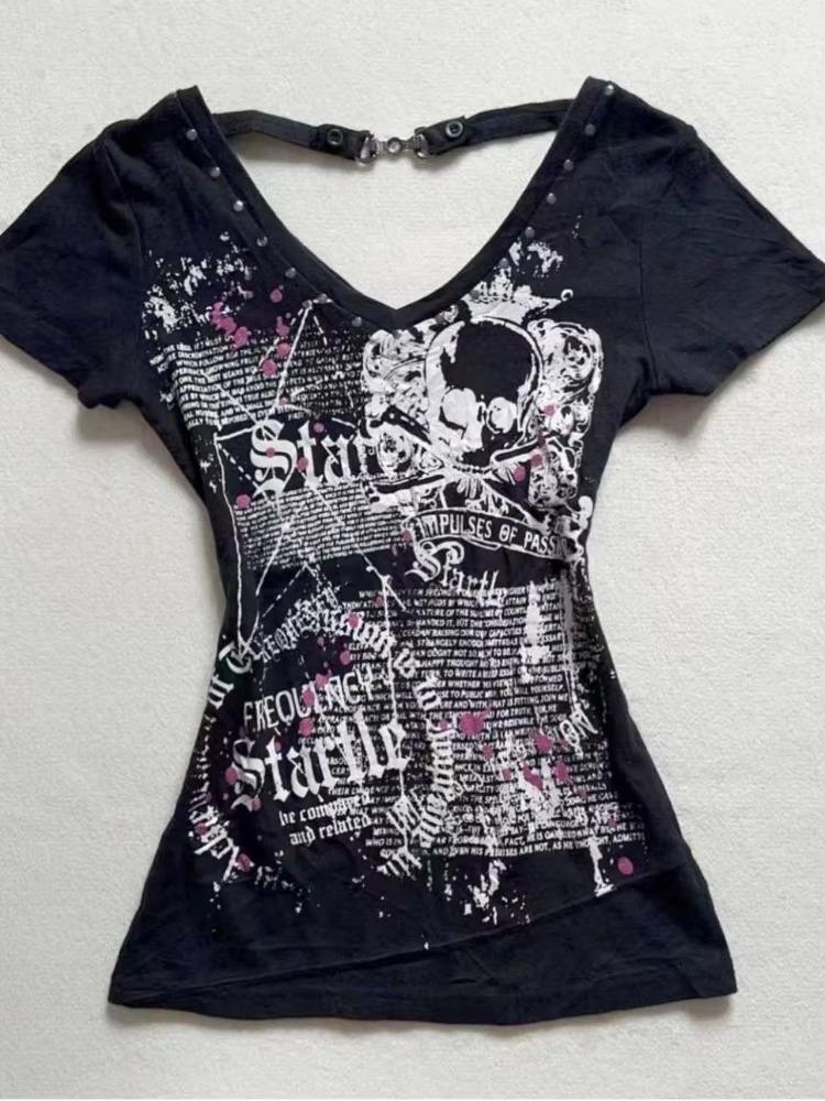 Summer Fake Two Pieces Halter Bandage Vintage T-shirts Y2k Aesthetic Slim Crop Tops Women Grunge Print Harajuku Casual Sexy Tee
