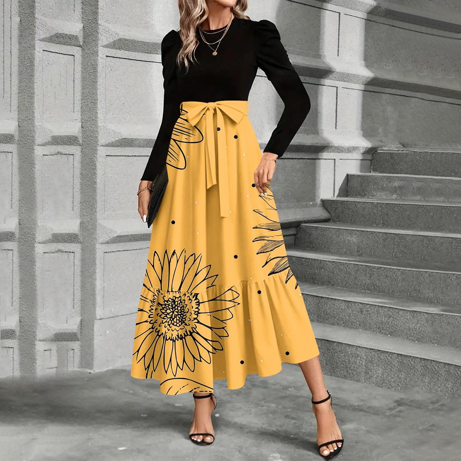 

Женское платье с цветочным принтом и высокой талией, модное и элегантное XL шафрановый