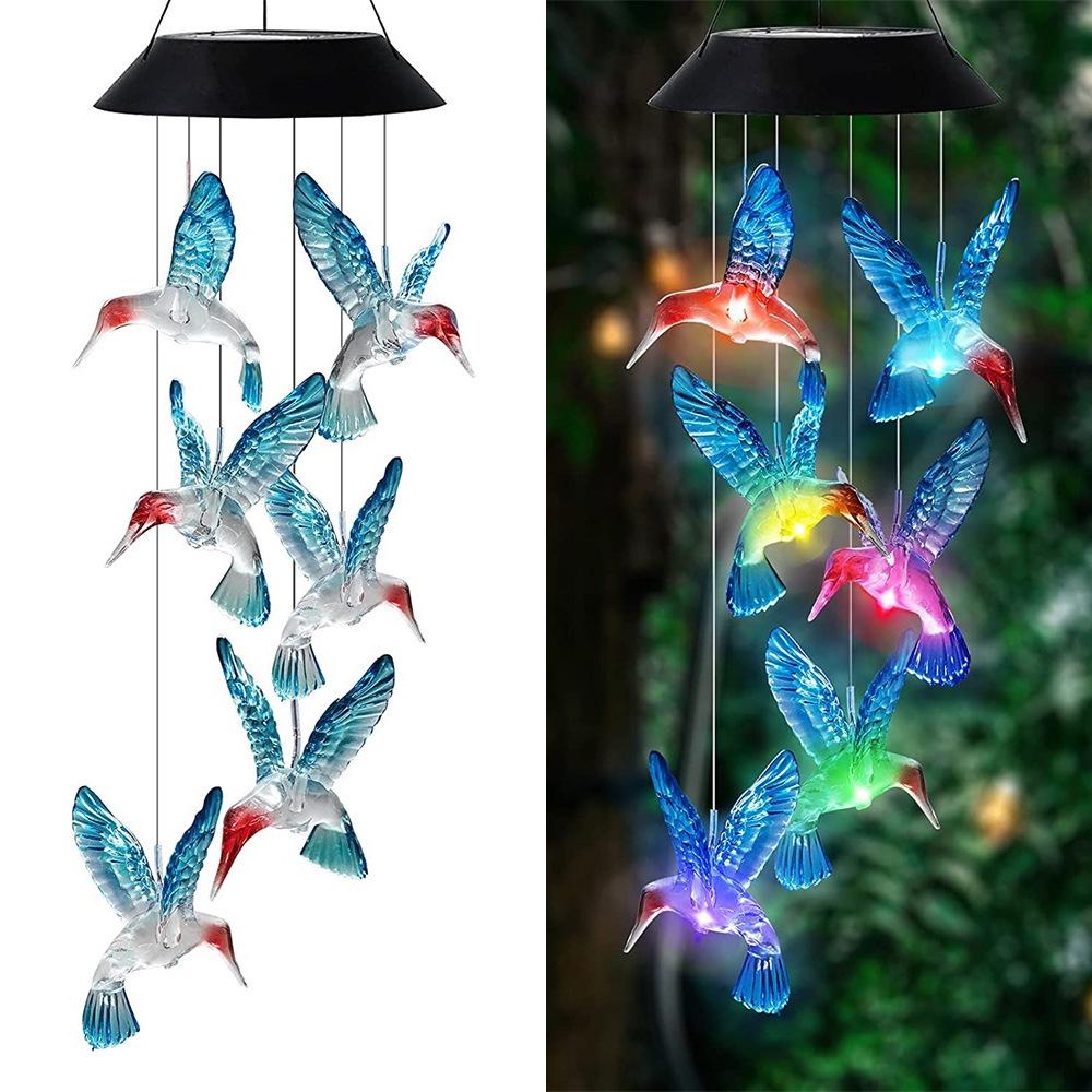 Solar Blue Hummingbird LED Wind Chime Light for Courtyard Landscape