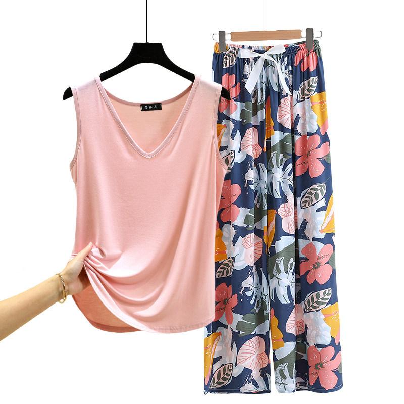 Lockere Modal-Pyjama-Sets Sommer V-Ausschnitt Tanktop und Florale Weite Hosen Lässiger Hausanzug ärmellos Loungewear Übergröße