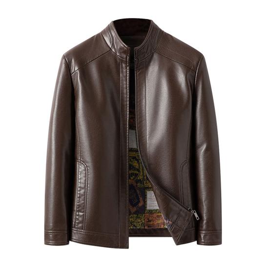 Men Jacket Standing Collar Zipper Closure Jacket Autumn Winter Casual Faux Leather Jacket Gift for Dad Boyfriend