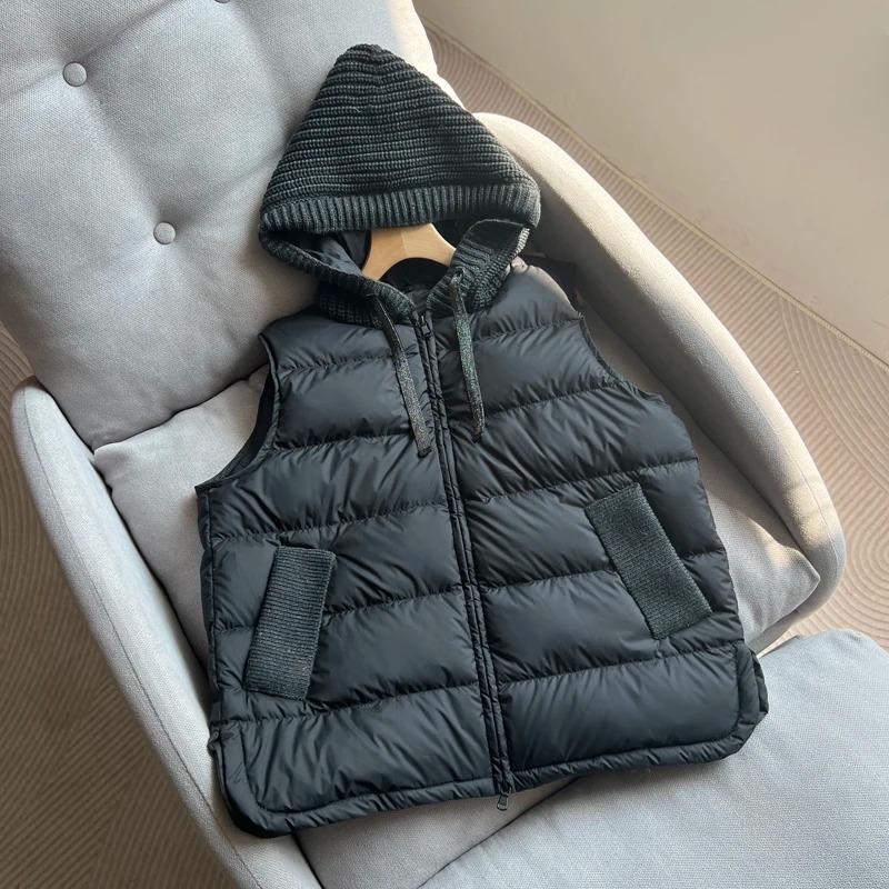 Autumn Knitted Patchwork Sleeveless Down Vest Women Drawstring Hooded Warm Lightweight Down Gilet