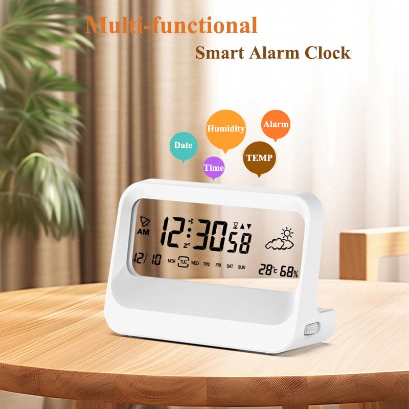 Digital Alarm Clock LCD Display with Calendar Temperature Humidity Snooze Table Bedside Clock for Kitchen Bathroom Office