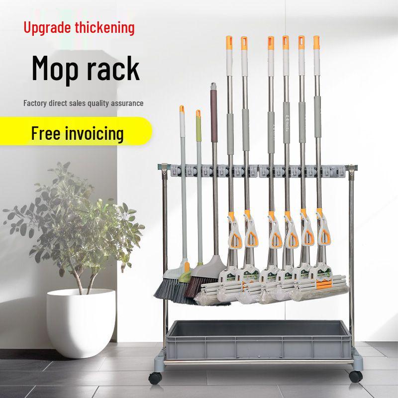 Movable Stainless Steel Mop Storage Rack with Hooks for Floor-Standing Draining in Schools and Factories