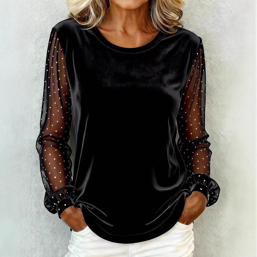 Top elegant de damă din catifea cu mânecă lungă și aplicații din dantelă, tricou de damă