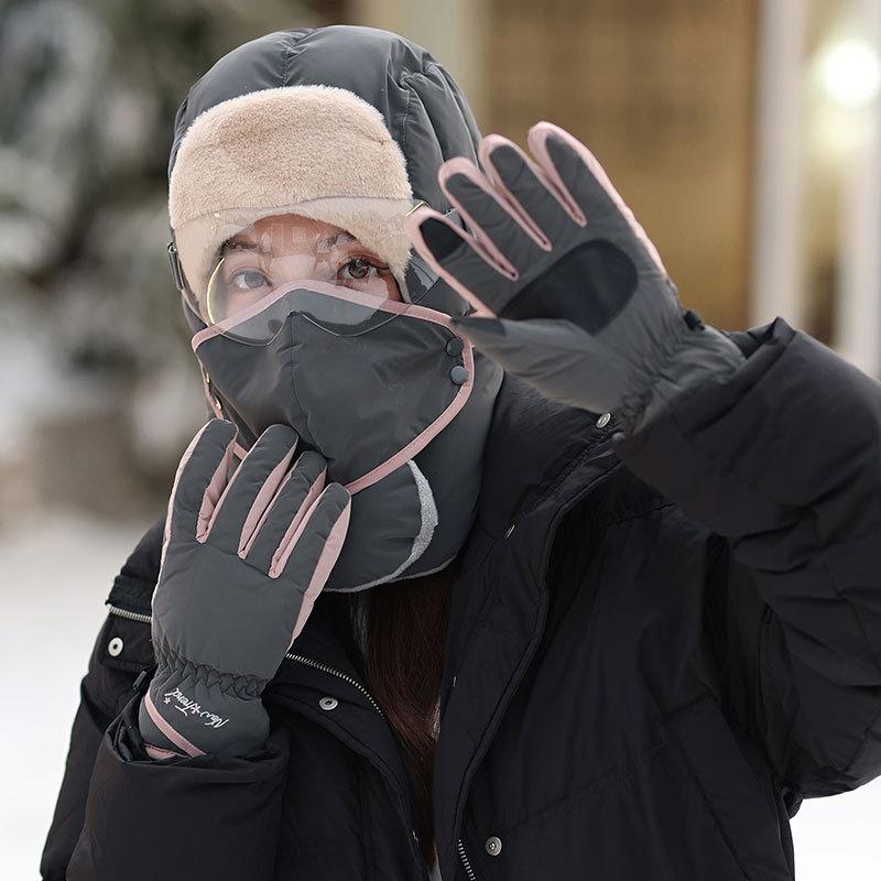 Multifunctional thickened warm child women's winter gloves scarf mask integrated hat outdoor riding electric car