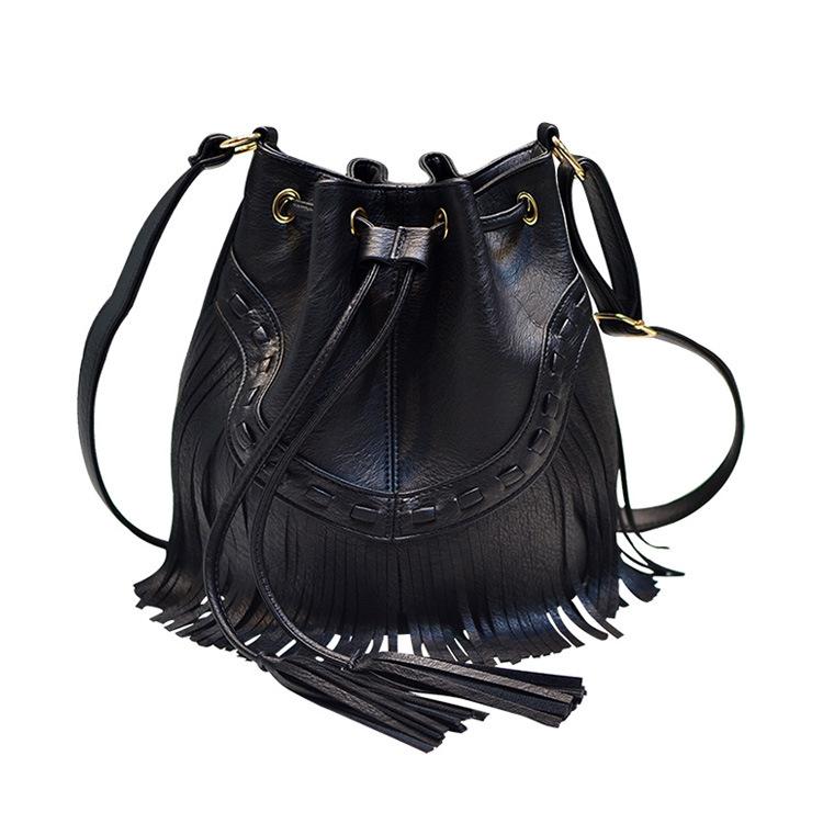 Geantă cu ciucuri din piele PU Geantă de mână în stil european și american cu șnur Geantă retro de umăr Messenger Geantă de mână pentru femei Brand de designer