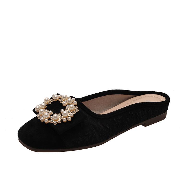 Baotou half slippers women's summer outer wear 2025 summer new square head lazy Muller pearl flat sandals shoes