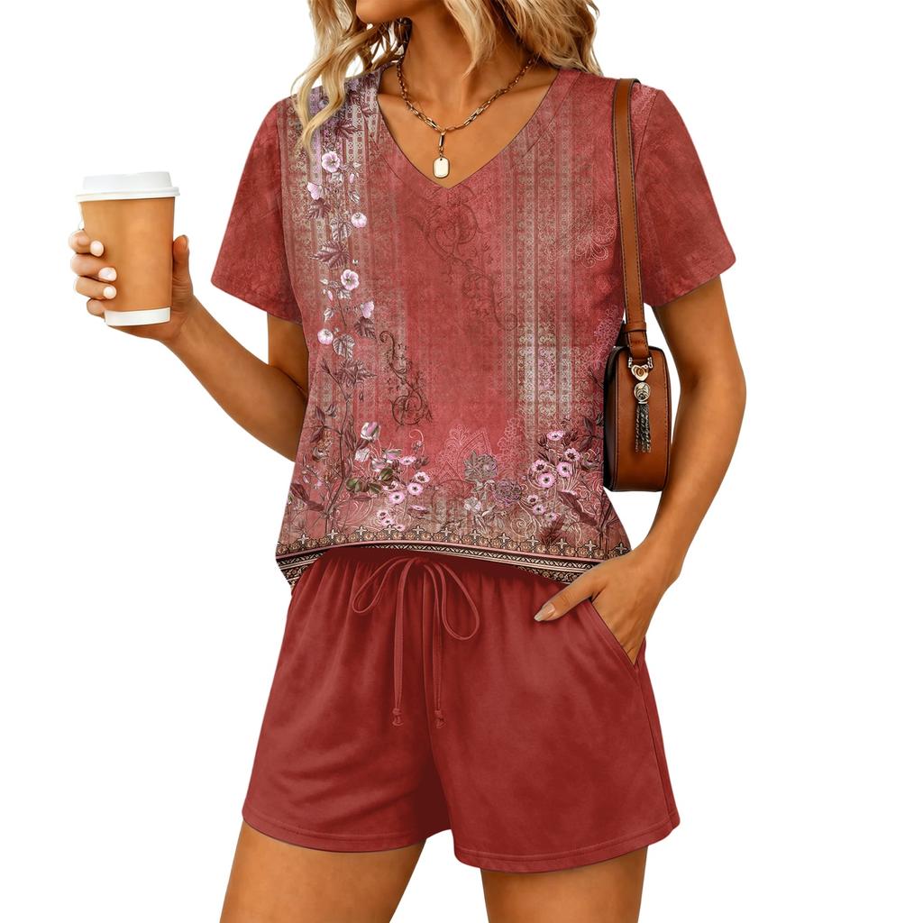 Women Two Piece Set V Neck Short Sleeve Top with Floral Print and Elastic Waist Drawstring Shorts Casual Lounge Wear
