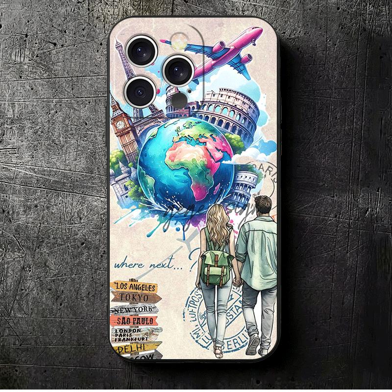 

Travel Map Artistic Pattern Soft Phone Case for iPhone 16 16E 17 Air 15 Pro Max 14 Plus 13 Mini 11 12 7 Black Cover Back Shell iPhone 14 Plus