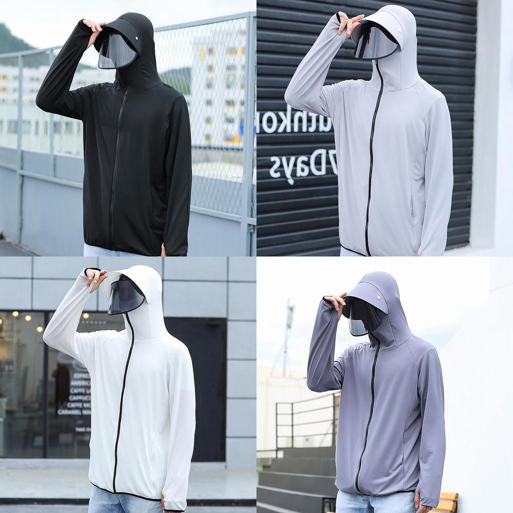 Summer Mens Uv Protection Ice Silk Sun Shirt With Hood For Outdoor Activities