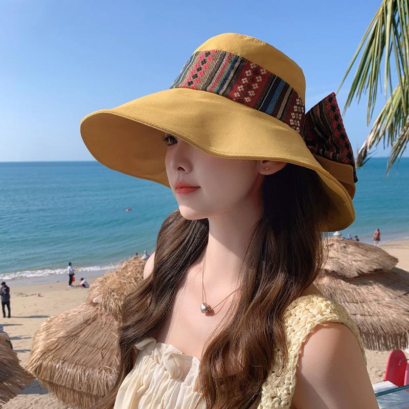 National Style Spring and Autumn New Hat Women's Bucket Hat Bow Sunscreen Sun Hat Summer Big Brim Sun Hat