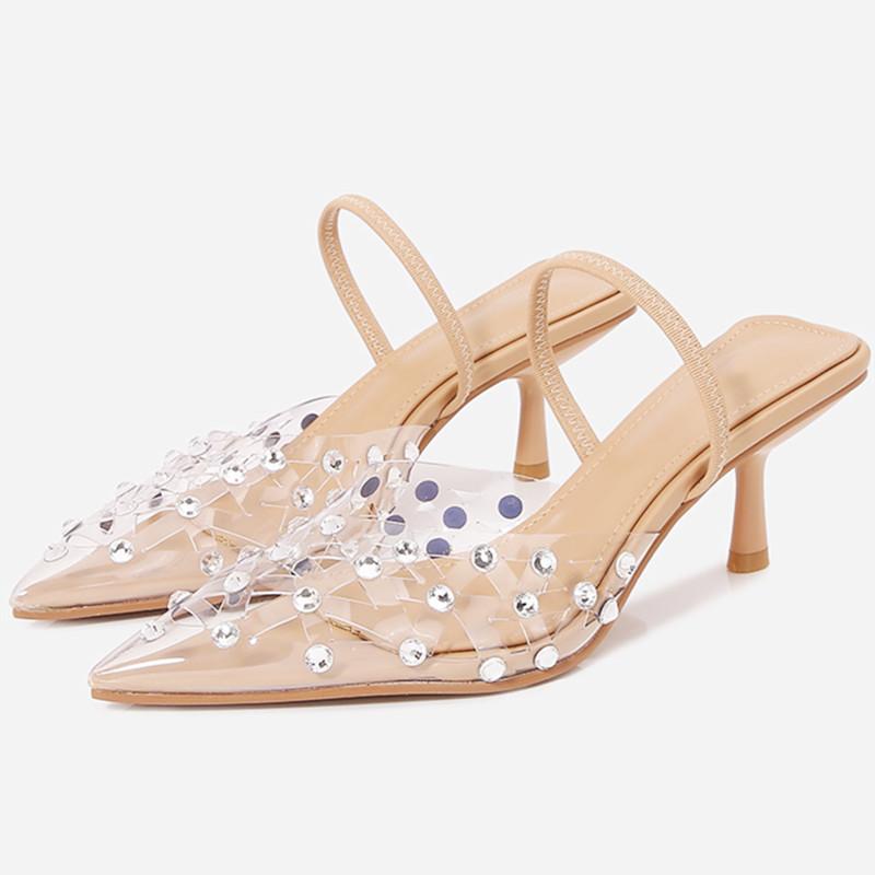 Fashion Luxury Rhinestone Mesh Transparent PVC Women Sandals Summer New Pointed Toe Thin High Heels Fashion Designer Banquet Dress Shoes