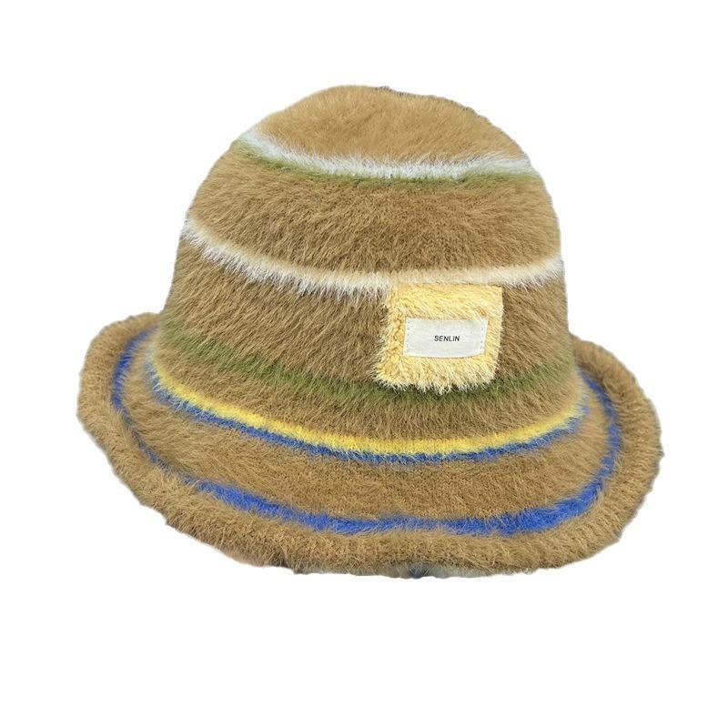 Autumn and Winter Imitation Mink Striped Knitted Wide-brimmed Bucket Hat for Men and Women, Small Fresh College Style Warm Basin Hat