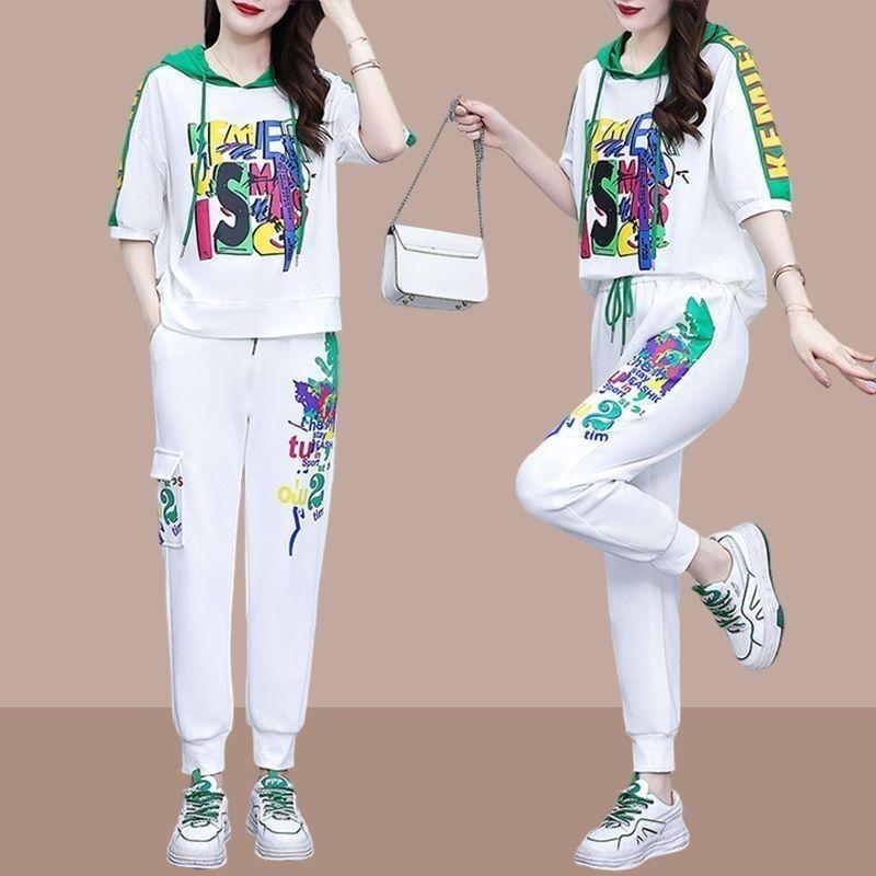 Women's Sportswear Set for Women's Summer Fashionable Versatile Hooded Sweater High Waisted Harlan Pants Two-piece Set