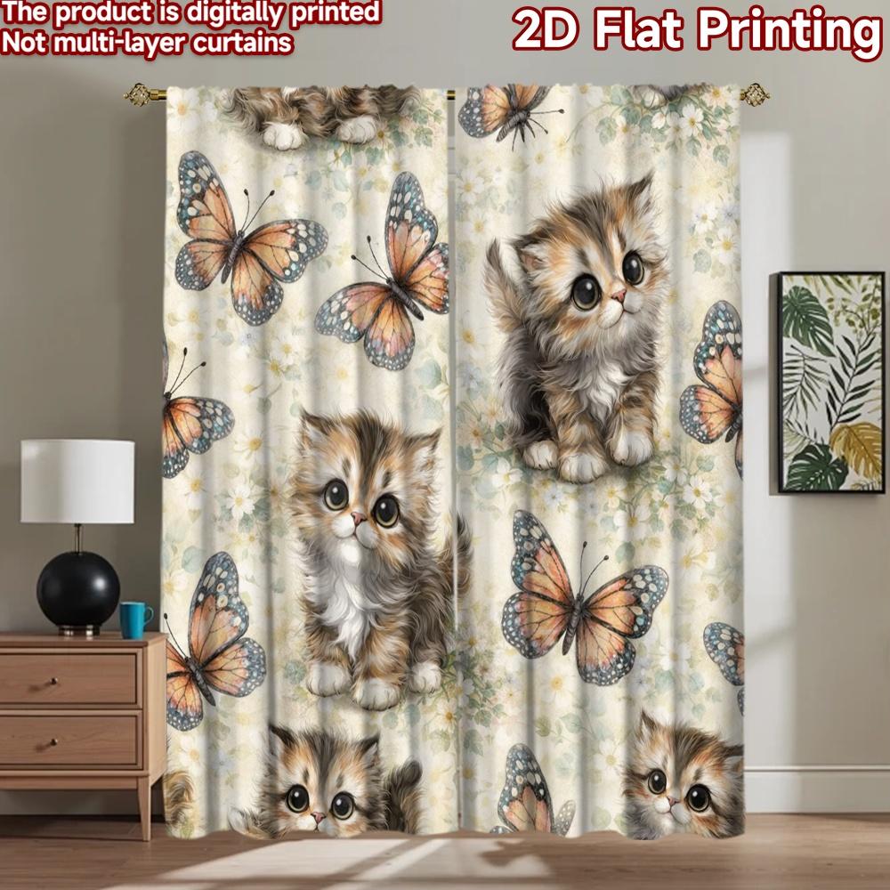2D flat printing 2pcs Curtain Window Treatment Curtains Kitten and Butterflies Digital Printed Polyester Drapes Festive Curtains