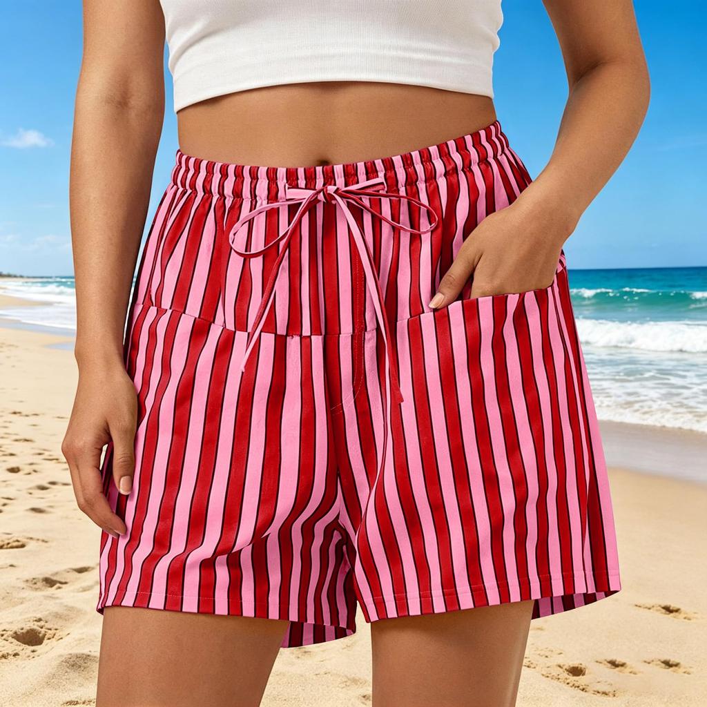 Women's Casual Striped Shorts with Elastic Waist and Drawstring Pockets Lightweight Comfortable Summer Bottoms