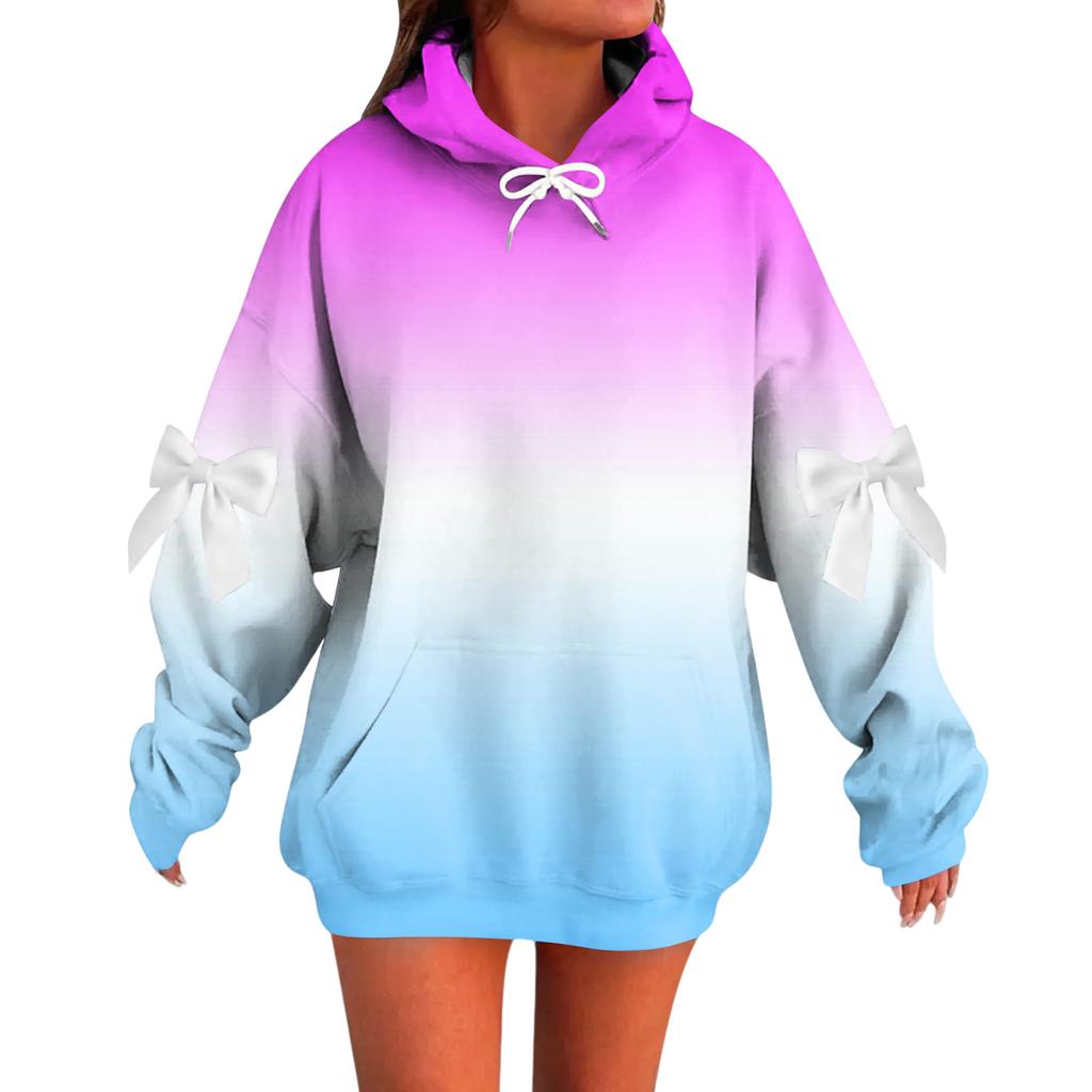 Ladies' Gradient Printed Bow Long Sleeved Loose Fitting Headband With Rope Hooded Sweatshirt Top
