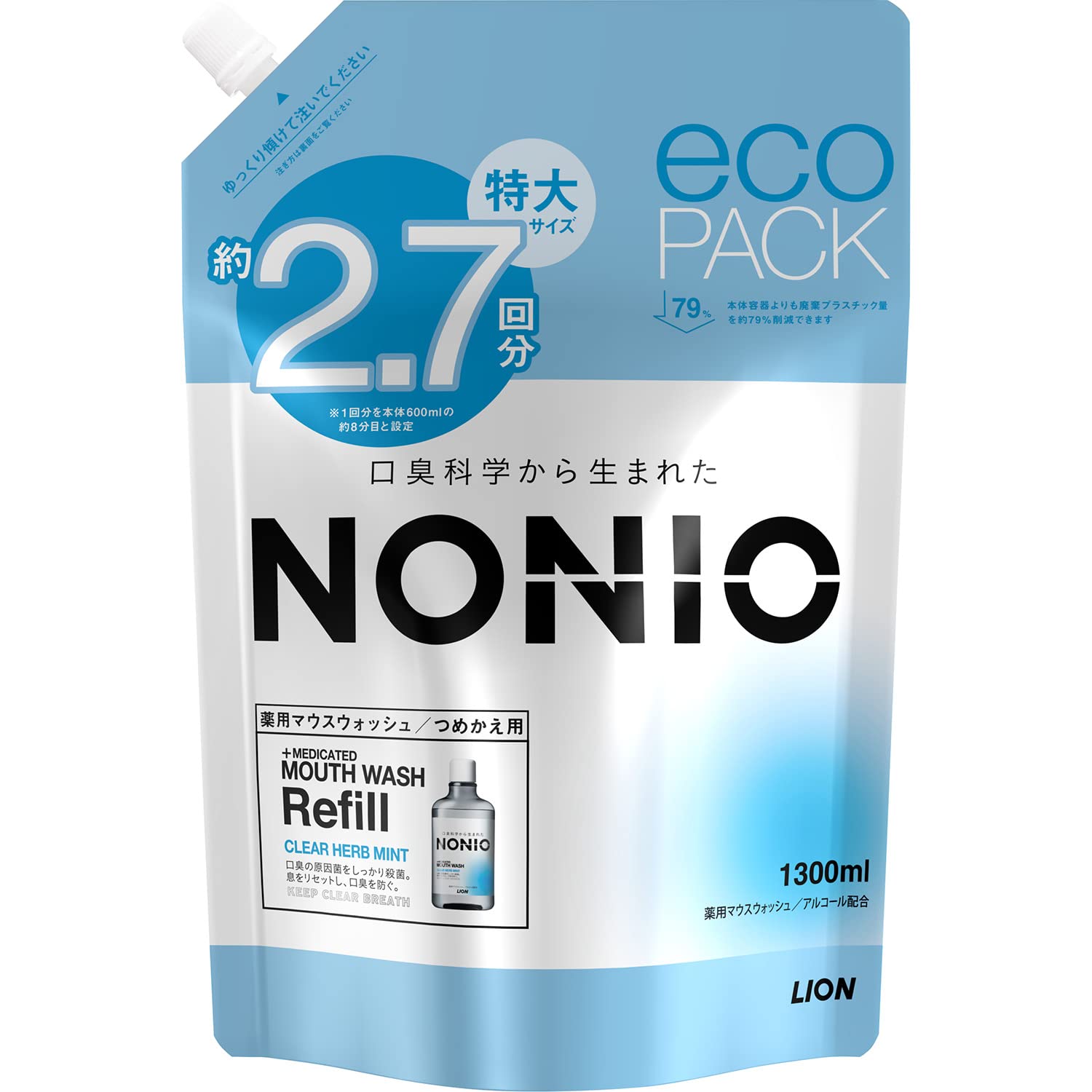NONIO Mouthwash Clear Herb Mint Refill 1300ml Quasi-Drug Oral Rinse Kills Bad Breath Bacteria Alcohol Included Pouch