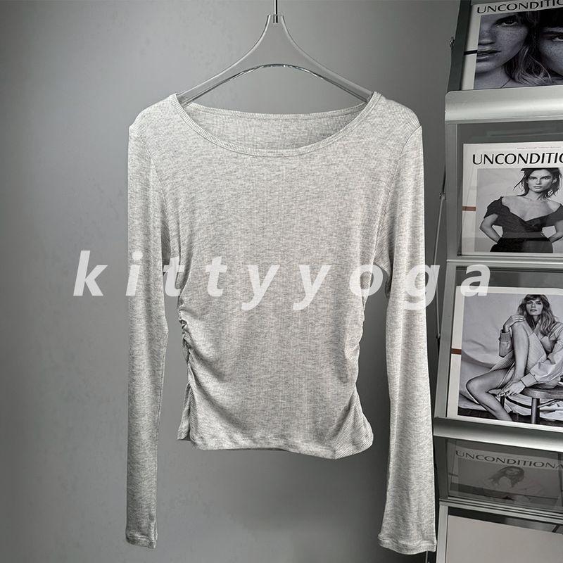 

New Product Ruched Slim Fit round Neck Long Sleeves Yoga Blouse White Ash L