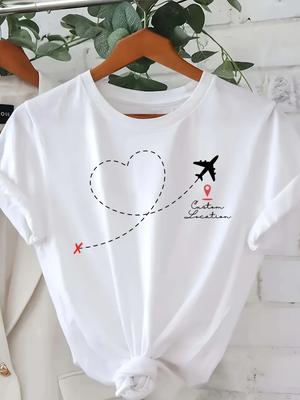 Graphic White with Accents Summer Spring Vacation Beachwear Airplane Graphic Women's Casual Sleeve Crew Neck Airplane Travel