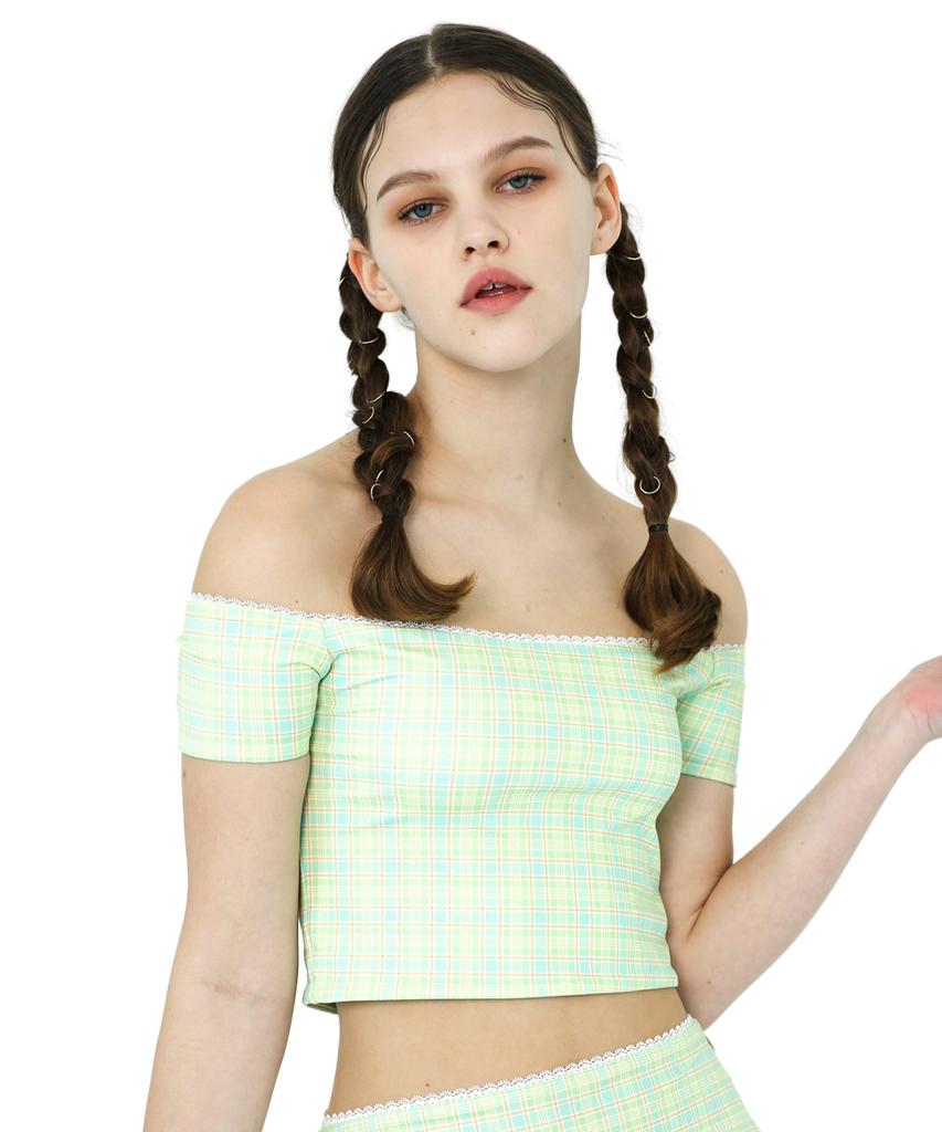 ANOTHER A Check Off-Shoulder Top[ Pink/Yellowgeen ]