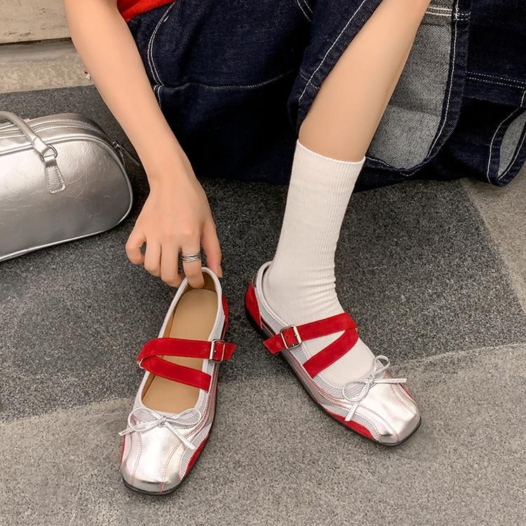 Leather version~ Silver bow single shoes women's shallow mouth new flat-bottomed leather soft-soled French retro Mary Jane shoes