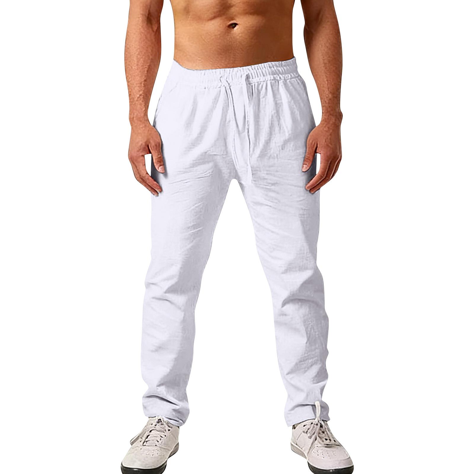 Мужские льняные брюки на кулиске  Повседневные спортивные брюки прямого кроя XL белый