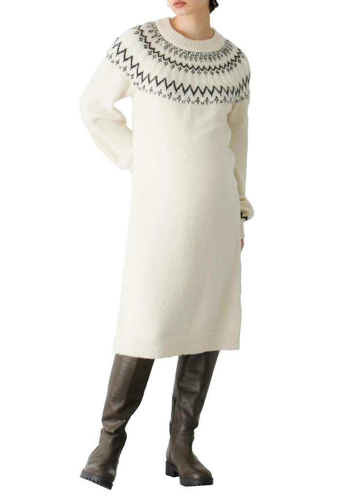 Maternity Fair Isle Dress with Nursing Prenatal and Postnatal Nursing Long Knit Ivory [ANGELIEBE] Mouth, Clothes, Sleeve, Dress, M,