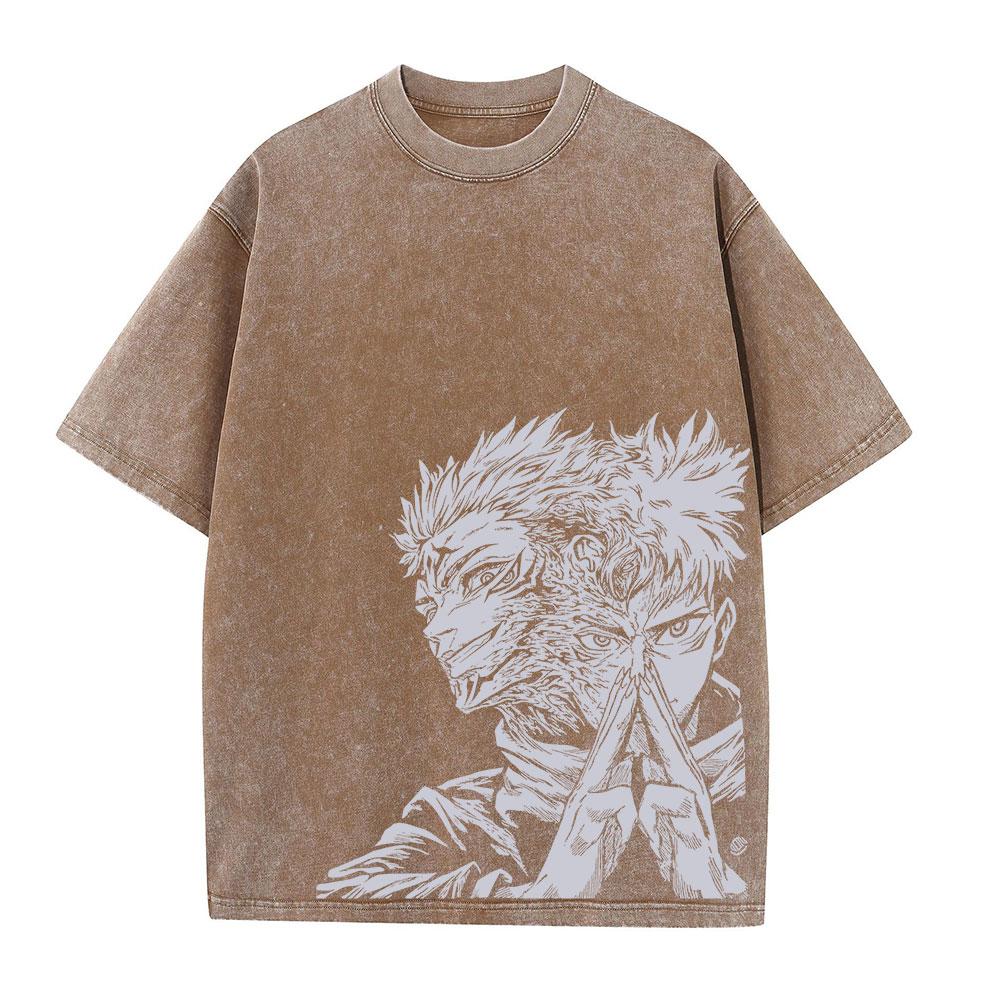 T-shirt Lavé d'Été Impression Graphique Anime Streetwear Vintage Oversize Homme Mode Coton Haut T-shirt Noir