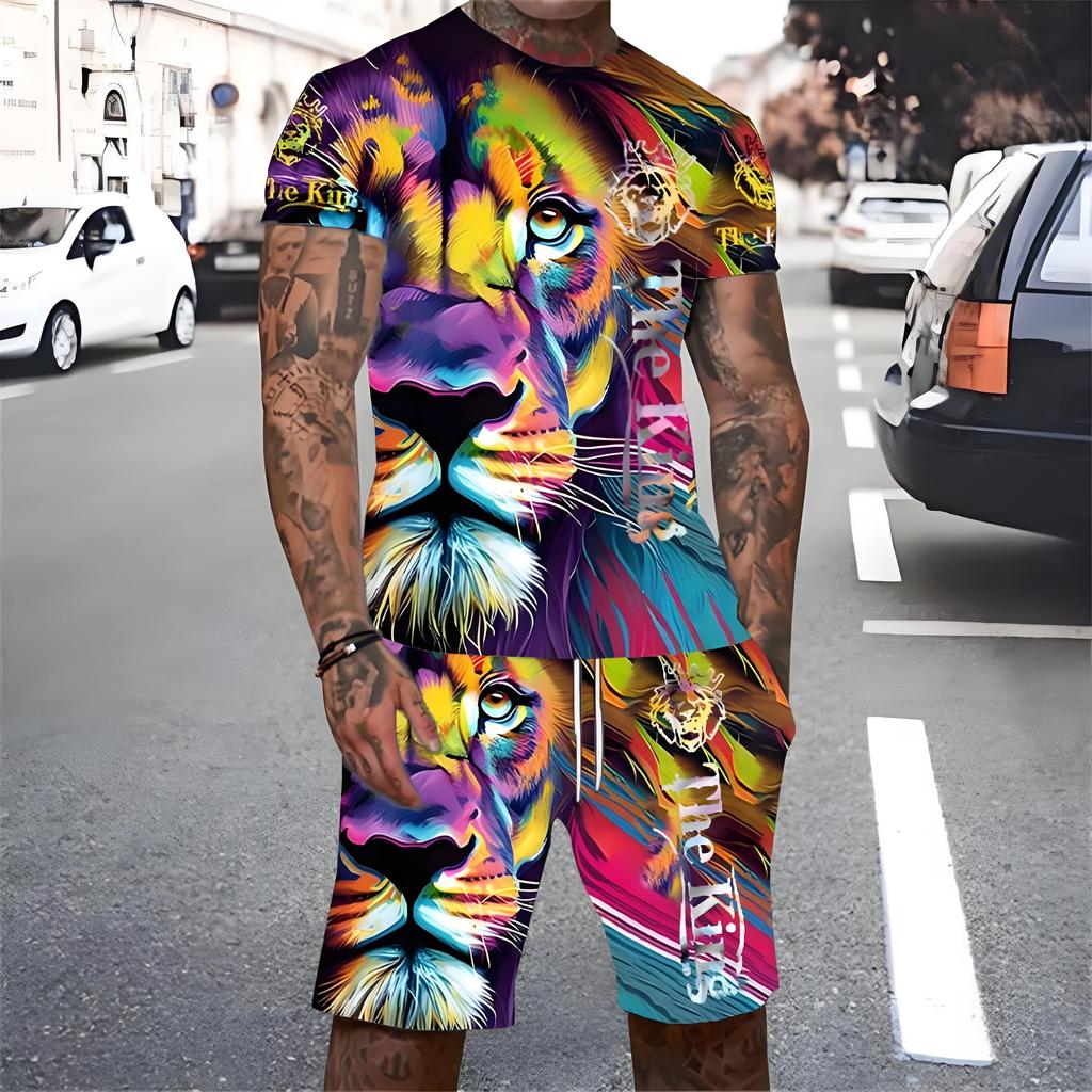 Trendy Lion Graphic Short Sleeve Top Drawstring Shorts Set Summer T-shirt Pocket Shorts 2-piece Set Oversized Men's Clothing