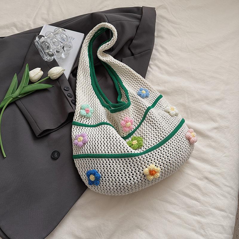 

Fashion Knit Beach Bag for Women Large Capacity Summer Tote with 3D Floral Decor Girls Casual Shoulder Handbag Travel Bags 40x30x2cm