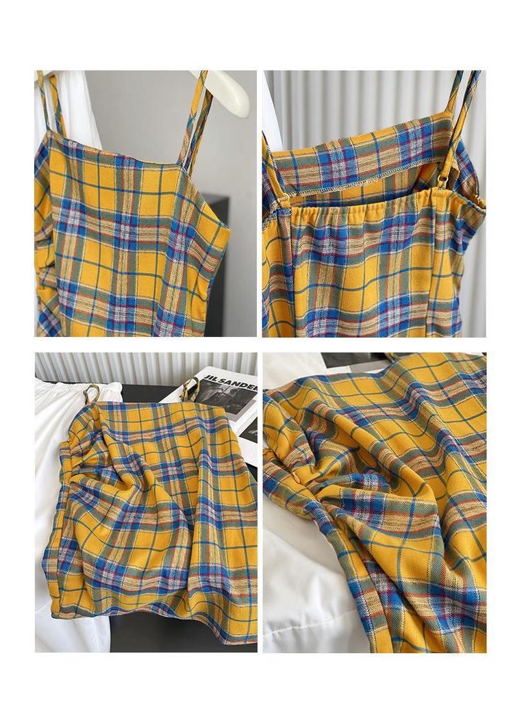 2024 Summer Orange Retro Color Block Plaid Irregular Camisole Sleeveless Top