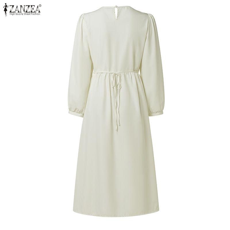 ZANZEA Women Elegant Round Neck Long Sleeve Lace Patchwork Casual Dress