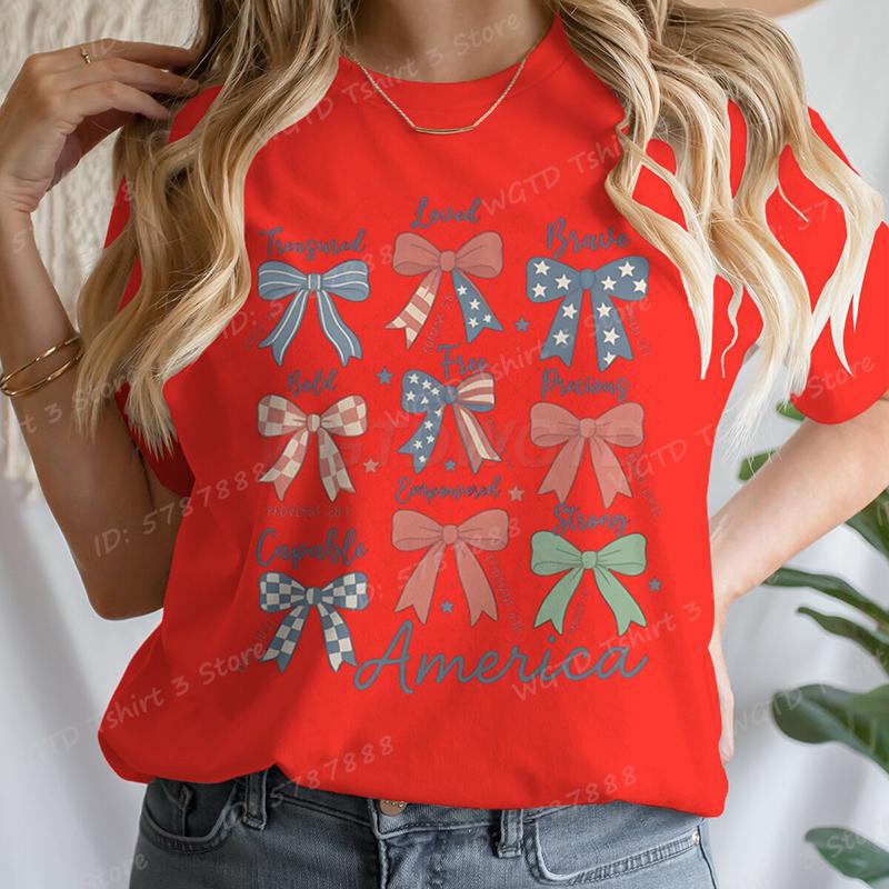 4th Of July Bows America Print Tshirt For Women Summer Casual Tshirts Short Sleeve Tops July 4th Gifts Independence Day Tshirt